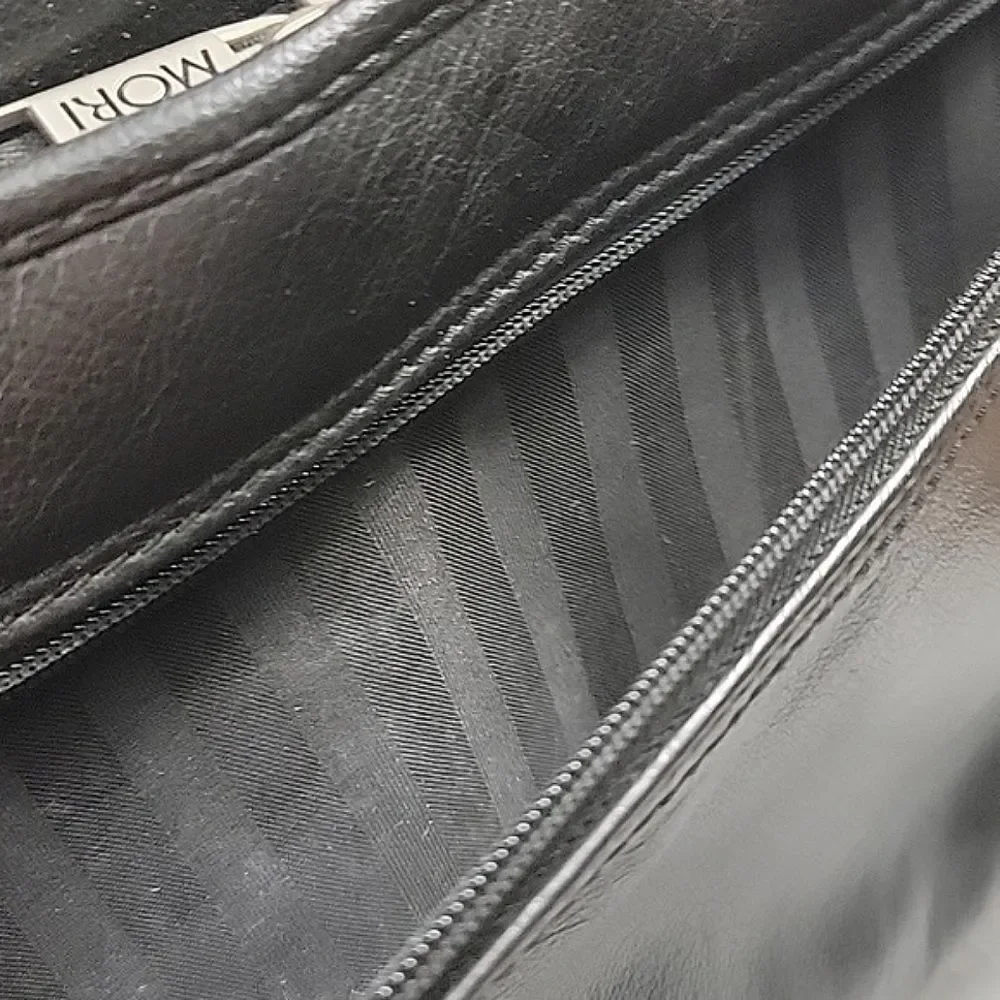 MORI Black Leather Briefcase / Computer Bag w/ Pockets, compartments, zippers